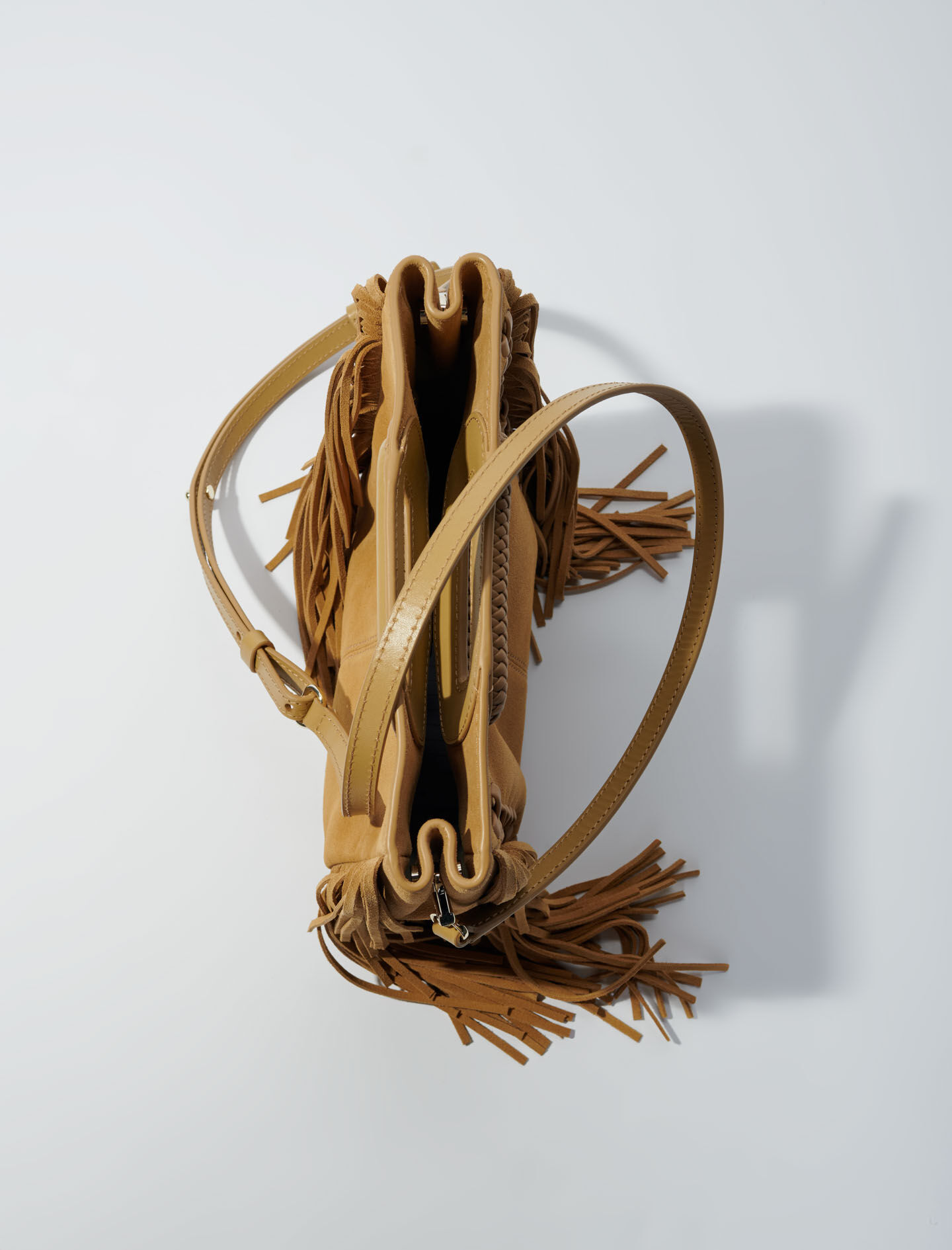 suède tas met gevlochten handvat - Camel