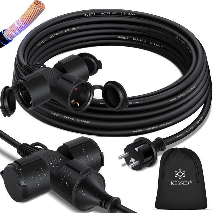 Cable de extensión para exteriores - KESSER - 50 m - IP44 - 230 V - Enchufe Schuko - Resistente a la intemperie