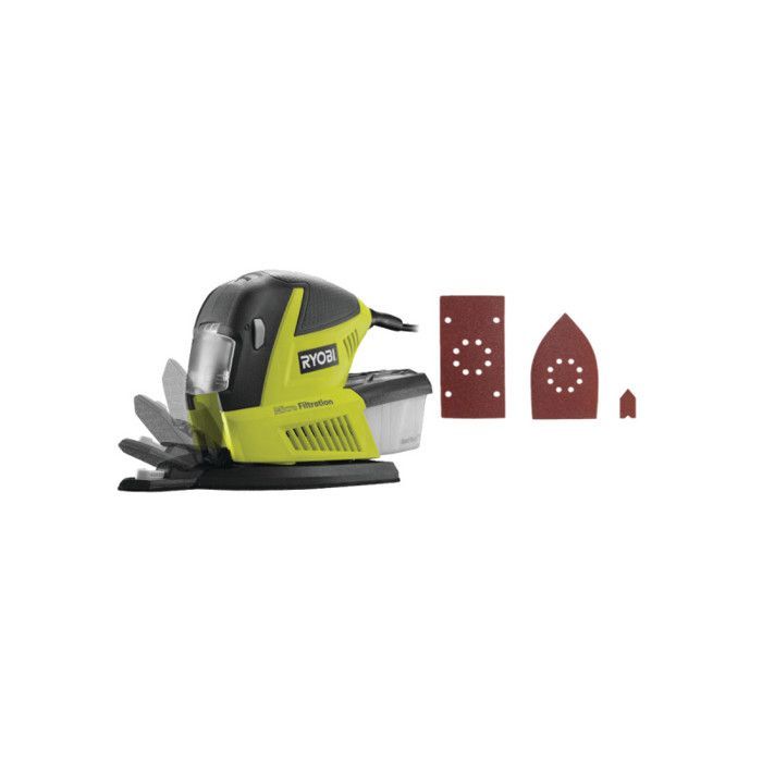 RYOBI - Lijadora multifunción de 180 W - 6000-12000 oscilaciones/min + bolsa y 30 abrasivos (10 de 1/3 de hoja, 10 triangulares, 10 lijas de dedo) - RMS180-SA30