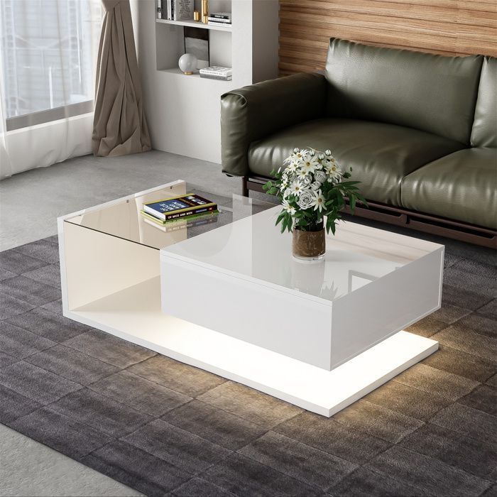 Living room coffee table with glass and LED lighting, living room furniture with 1 storage drawer, 105x55x32.5cm, glossy white