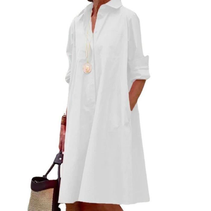 Vestido camisero sencillo e informal de color liso para mujer, con mangas largas, cuello vuelto, bolsillo elegante, color blanco.