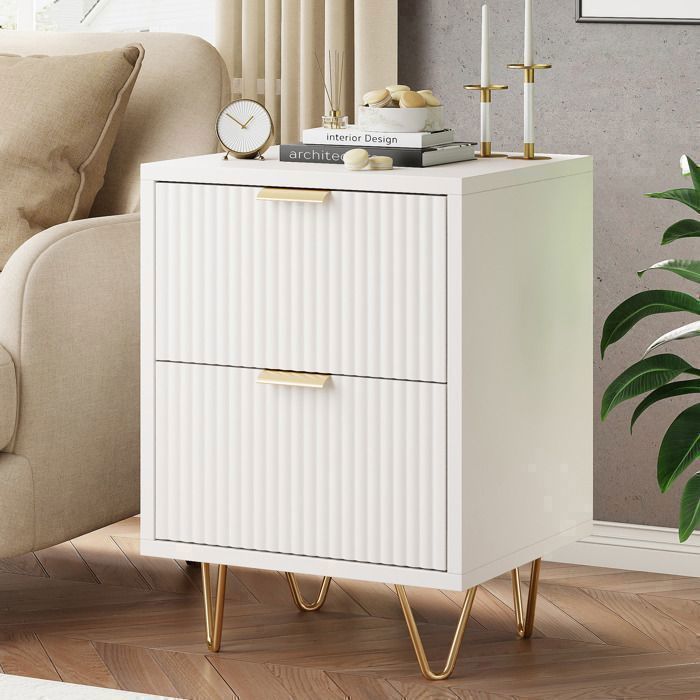 Lot de 2 Tables de Chevet, Tables d'appoint avec 2 tiroirs, Moderne Blanc Table de Nuit avec Pieds dorés, Blanc