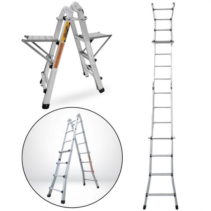 Escalera articulada de aluminio plegable y telescópica, 4x4 peldaños, 3,88 m + 2 estantes