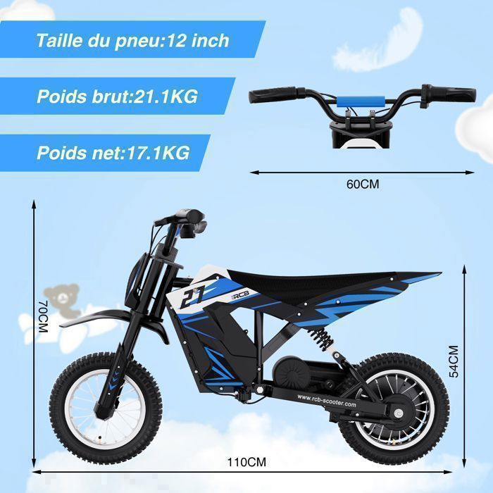 Moto Électrique pour Enfants RCB - Trois modes de vitesse - Batterie 36V/4AH - R9X Bleu