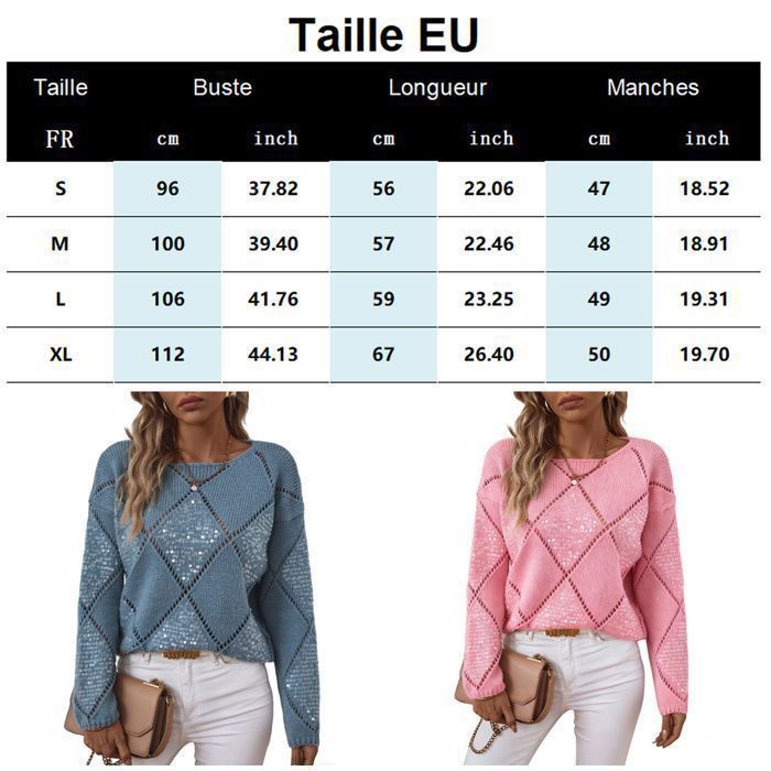 Jersey de cuello redondo para mujer, colección otoño-invierno 2025, diseño calado con lentejuelas, punto de rombos elegante - Rosa