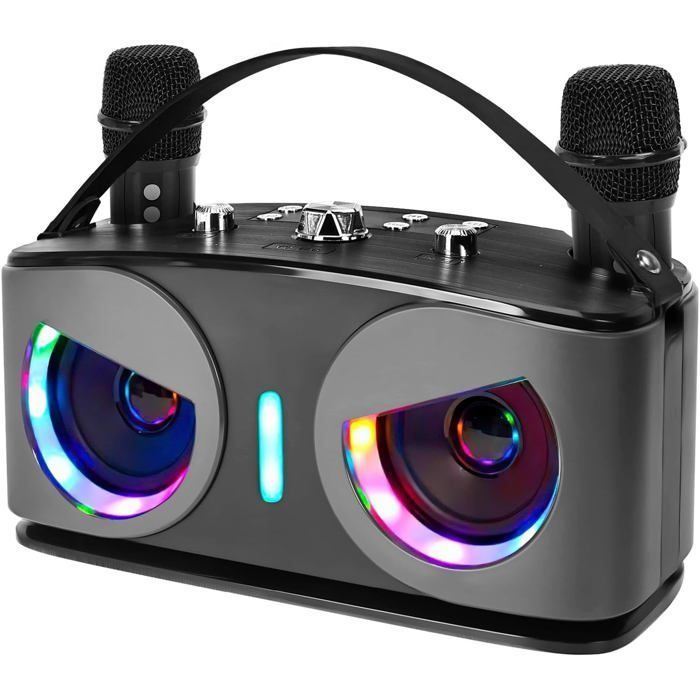Máquina de karaoke con 2 micrófonos inalámbricos, sistema de karaoke portátil Bluetooth con forma de búho y luces de discoteca, compatible con TV/USB/AUX/TF/FM.