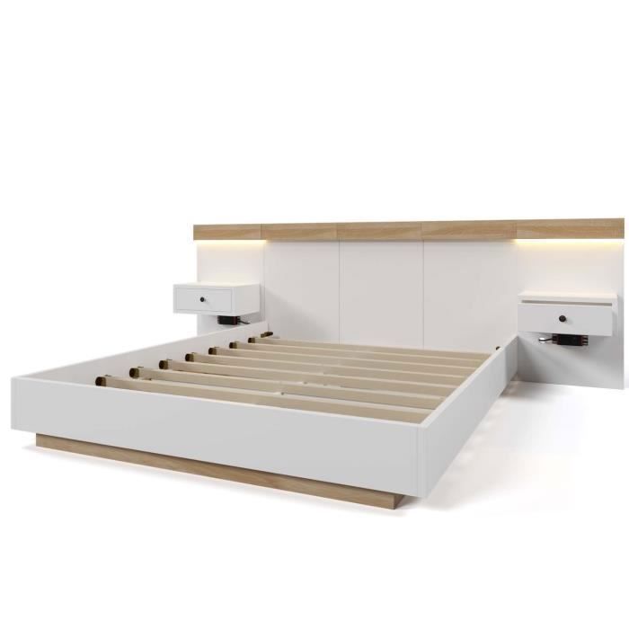ModernLuxe Doppelbett für Erwachsene, 140 x 200 cm, mit schwebenden Nachttischen, LED-Beleuchtung und USB-Anschlüssen, Holzrahmen, Lattenrost, Eiche +