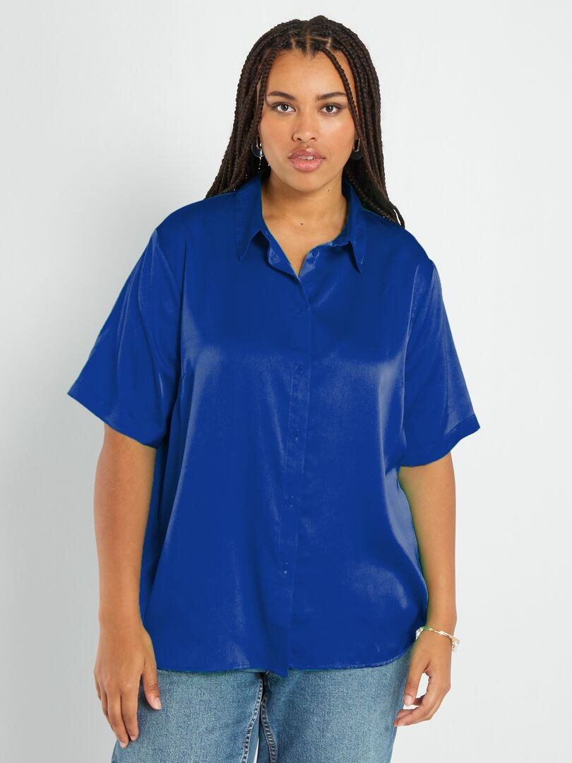 Vestido camiseiro de cetim com gola italiana - AZUL