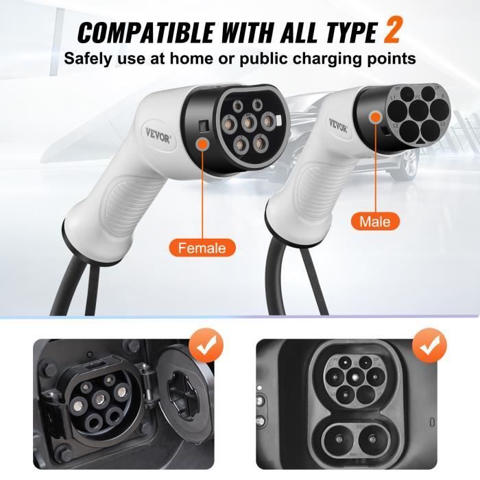 Cable de carga para vehículos eléctricos de 5 m, tipo 2 a tipo 2 - VEVOR - Cargador para coches eléctricos de 32 A, 5 m y 22 kW