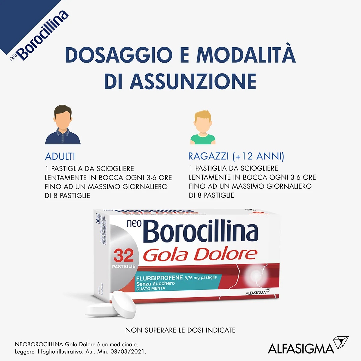 Neo Borocillina Halsschmerzen 8,75 mg zuckerfreie Minz-Lutschtablette 32 Lutschtabletten Halsschmerzen und Entzündungen