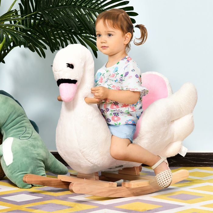 Jouet à bascule cygne à bascule pour enfant de 18 mois et plus fonction musique pieds en bois - blanc et rose