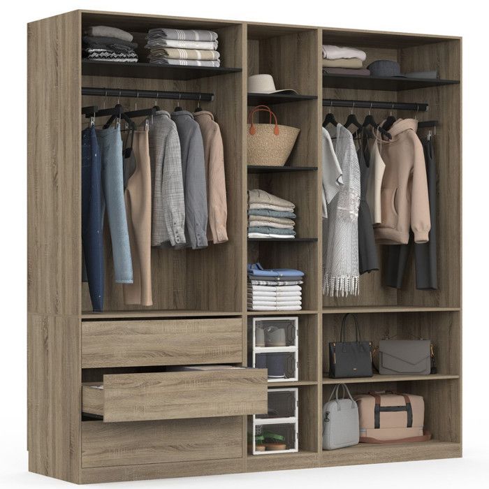Armadio modulare IDMARKET TAYLOR 200 x 55 x 200 cm, 3 moduli con appendiabiti + ripiani + cassetti, faggio e nero