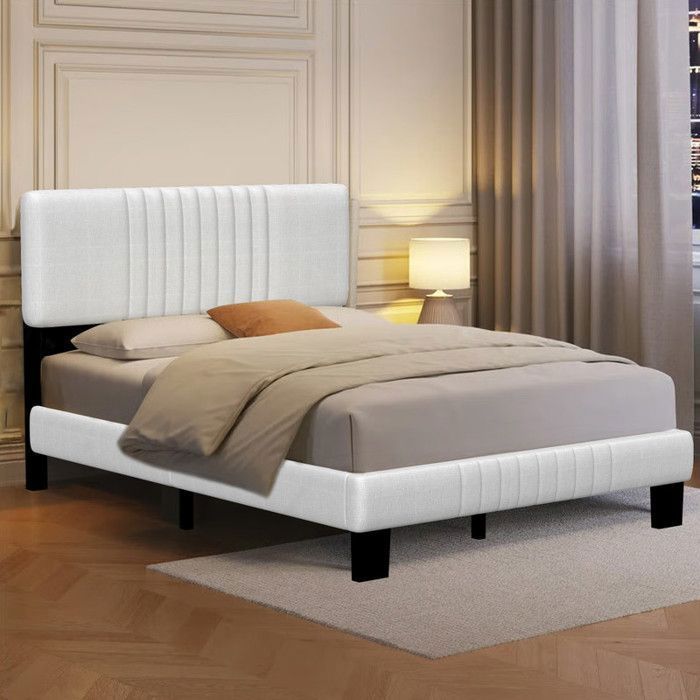 Estructura de cama de 140x190 cm, cabecero regulable en altura, estructura metálica con somier de láminas, tejido de lino, colchón no incluido.