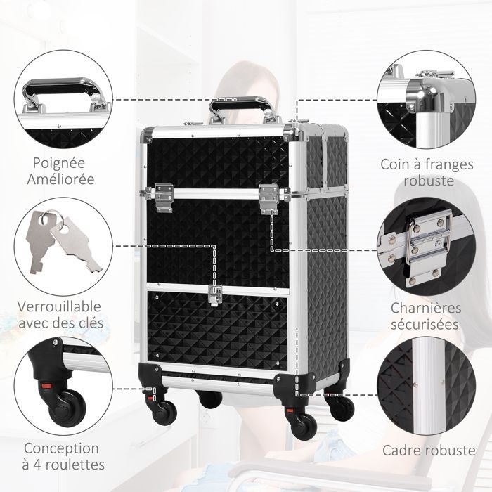 Maletín de maquillaje con ruedas - HOMCOM - neceser cosmético con asa telescópica ajustable - aluminio - 34x25x62cm - negro