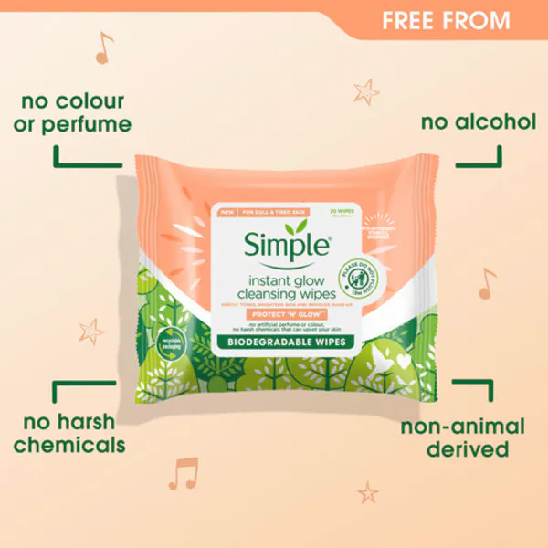 Simple Protect N Glow Biológiailag lebomló Törlőkendők Azonnali Glow X20