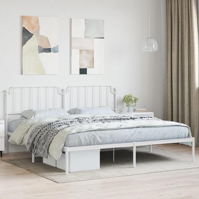 Cama blanca de 200 x 200 cm - Estructura metálica - Colchón no incluido - y cabecero blanco de 200 x 200 cm 005_970369