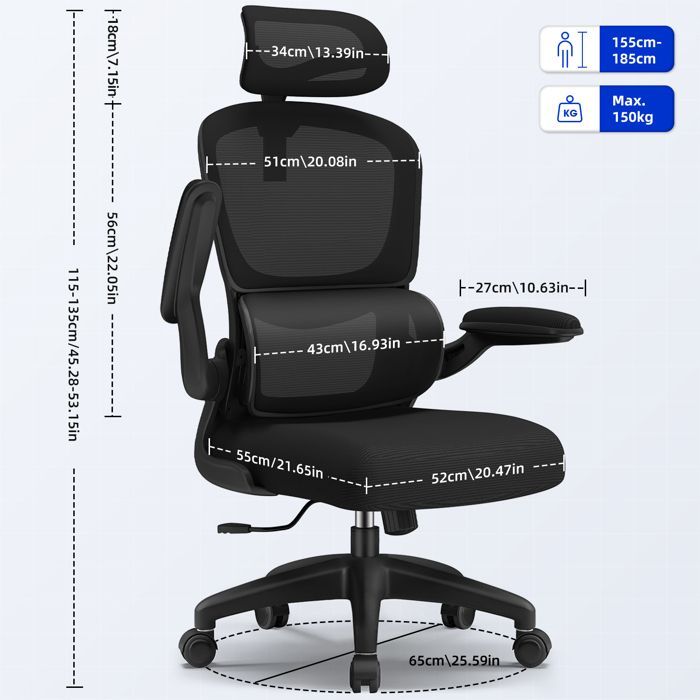 Ergonomic Office Chair, Office Chair, Tiltable and Swivel, Adjustable Armrests, Lumbar Support, Headrest