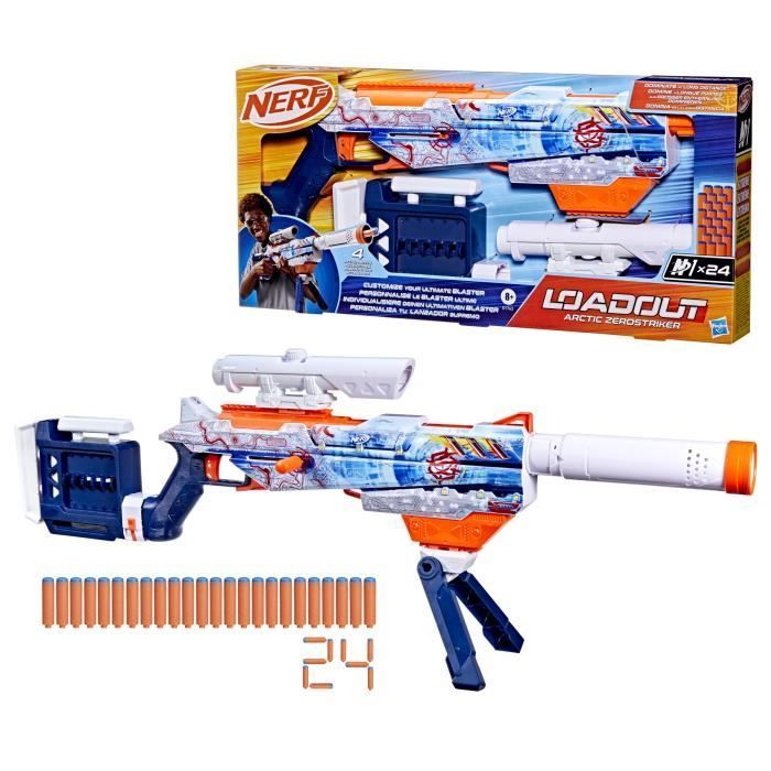 Nerf Loadout Arctic Zerostriker blaster with 4 interchangeable accessories, 24 Nerf N1 darts, 6-dart internal magazine.