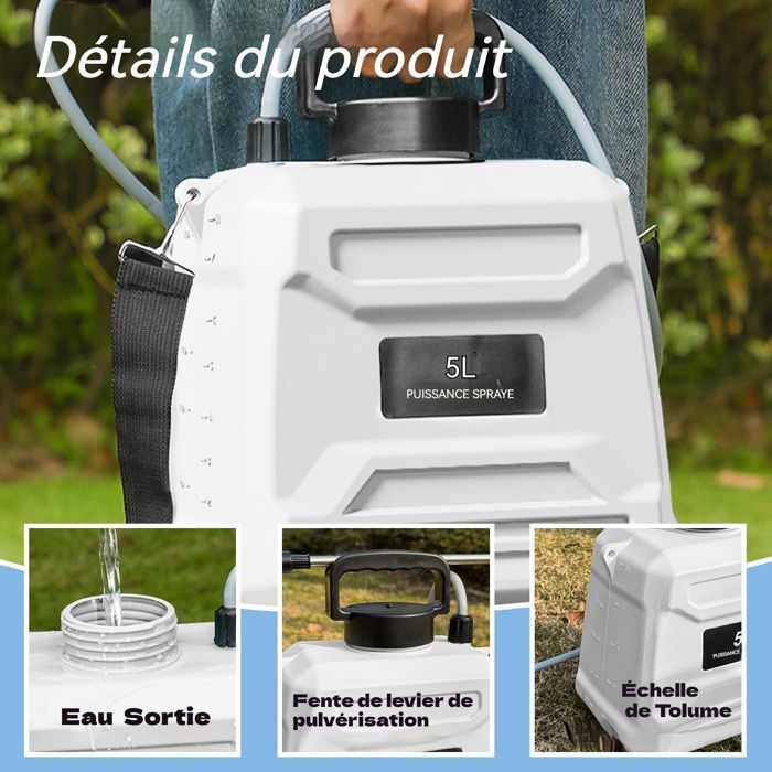 Spruzzatore elettrico da giardino da 5 V/2400 mAh, con serbatoio dell'acqua da 5 litri, erogatore retrattile con 3 ugelli regolabili.