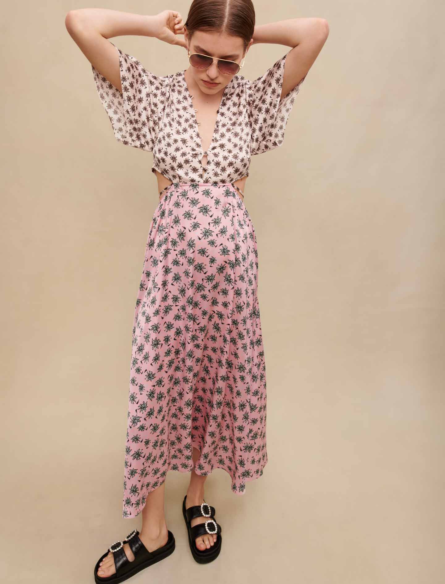 Rochie lungă cu imprimeu de palmieri - Mix palmier rose