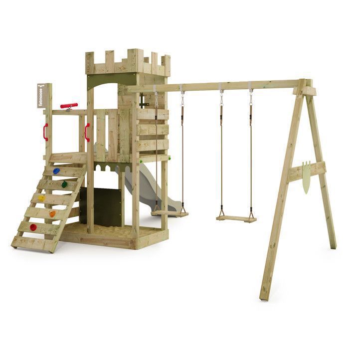 Tour de jeux bois FATMOOSE BoldBaron XXL avec double balançoire, toboggan 220 cm vert sauge et mur d’escalade – 10 ans de garantie*