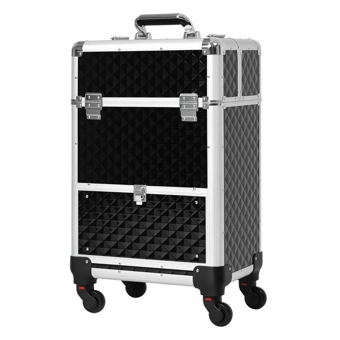 Maletín de maquillaje con ruedas - HOMCOM - neceser cosmético con asa telescópica ajustable - aluminio - 34x25x62cm - negro