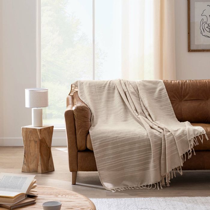 Plaid LILIA 240 x 260 cm - 100% coton - Beige avec franges