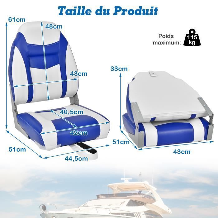Asiento plegable para barco COSTWAY de 1 pieza con respaldo y cojín de cuero sintético PVC, bisagras flexibles, 4 tornillos incluidos, capacidad de carga de 115 kg, azul.