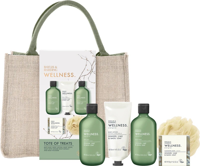 „Baylis & Harding Wellness“. Energizuojantis dovanų rinkinys kosmetinei su imbiero, laimo ir baziliko lapelių aliejumi.