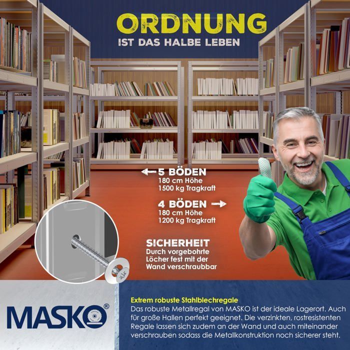 MASKO® Étagère charges lourde en métal max. 1200kg | Étagère de Stockage & Rangement à 4 niveaux pour garage & Atelier Argent