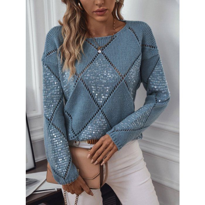 Jersey de cuello redondo para mujer, colección otoño-invierno 2025, diseño calado con lentejuelas, elegante punto de rombos - Azul