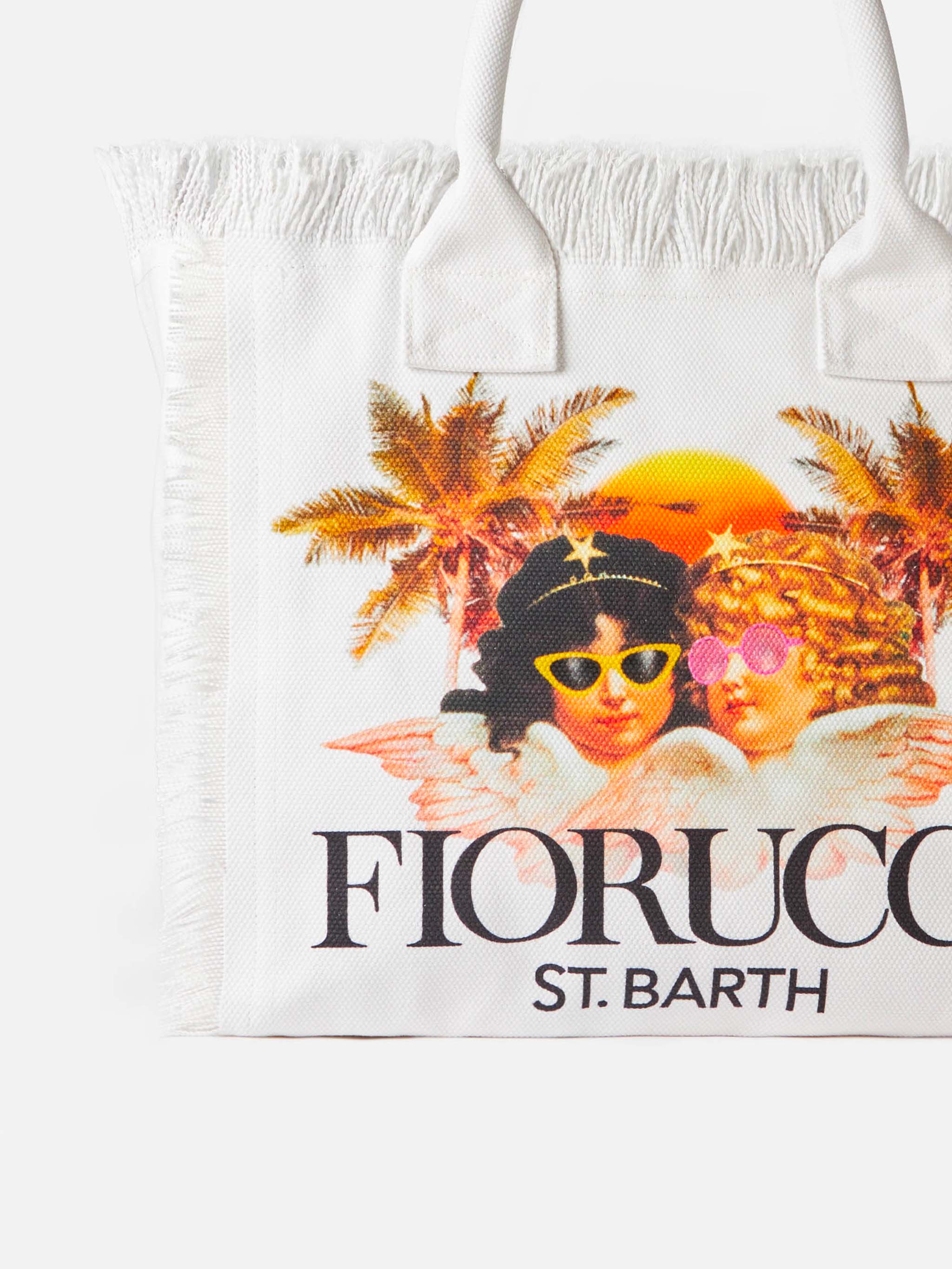 Hvid ensfarvet kanvas-totetaske med Fiorucci-engleprint | FIORUCCI SPECIAL EDITION | St. Barth-logo og lynlåslomme | MC2 Saint Barth
