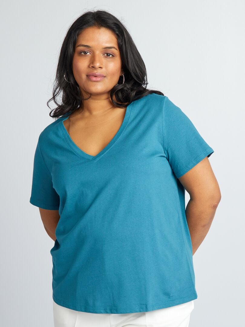 V-hals jersey T-shirt - Eendenblauw