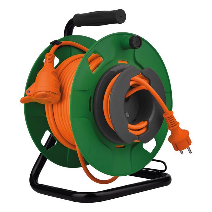 Carrete de cable para jardín de 20 m con protección IP44, toma de corriente de 16 A (2P+E) y disyuntor - Verde/naranja - Zenitech