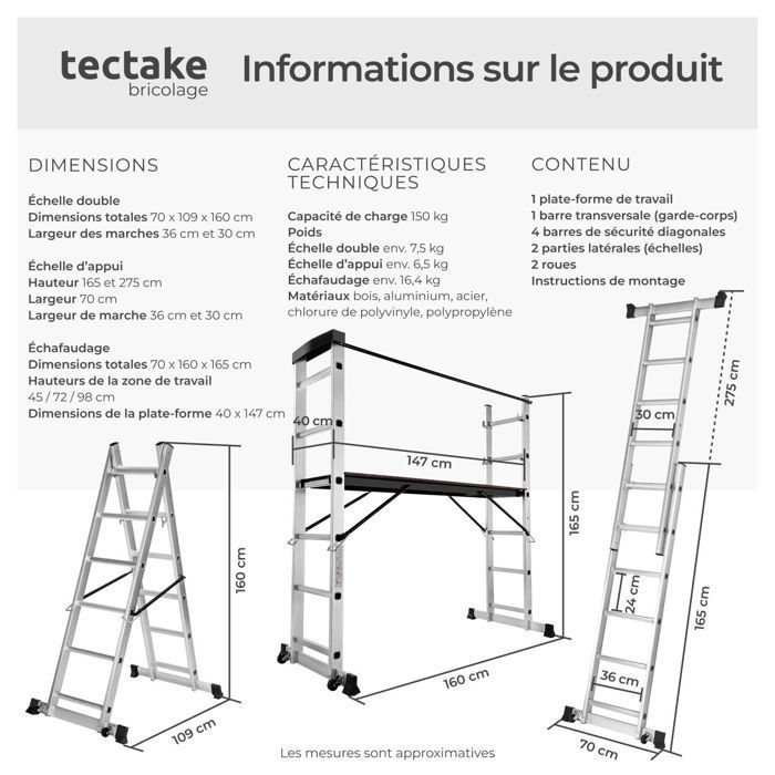 Andamios - TECTAKE - Escalera de plataforma modular 3 en 1 con escalera de tijera en aluminio
