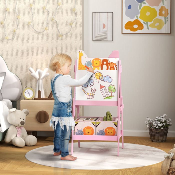 Children's Easel - AIYAPLAY - 2-in-1 Double-Sided Black and White Board - with 2 Storage Boxes - for Children Ages 3-8 - Pink