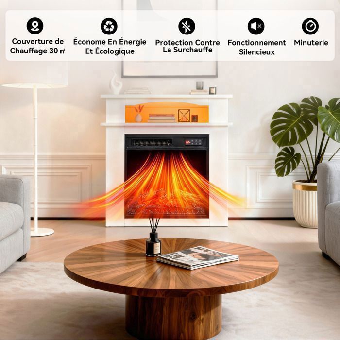 Caminetto elettrico HOMAVO da 45 cm, 900/1800 W, effetto fiamma 3D, striscia LED, telecomando, timer, protezione contro il surriscaldamento, mobiletto incluso.