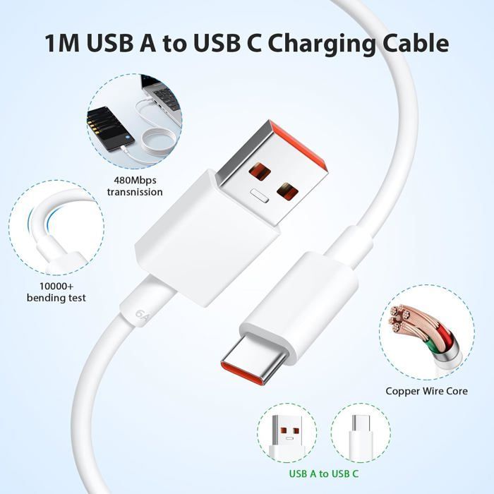 Cargador rápido de 90 W - HAUTSTORE - USB C - 1 m - Compatible con Xiaomi y POCO - Blanco