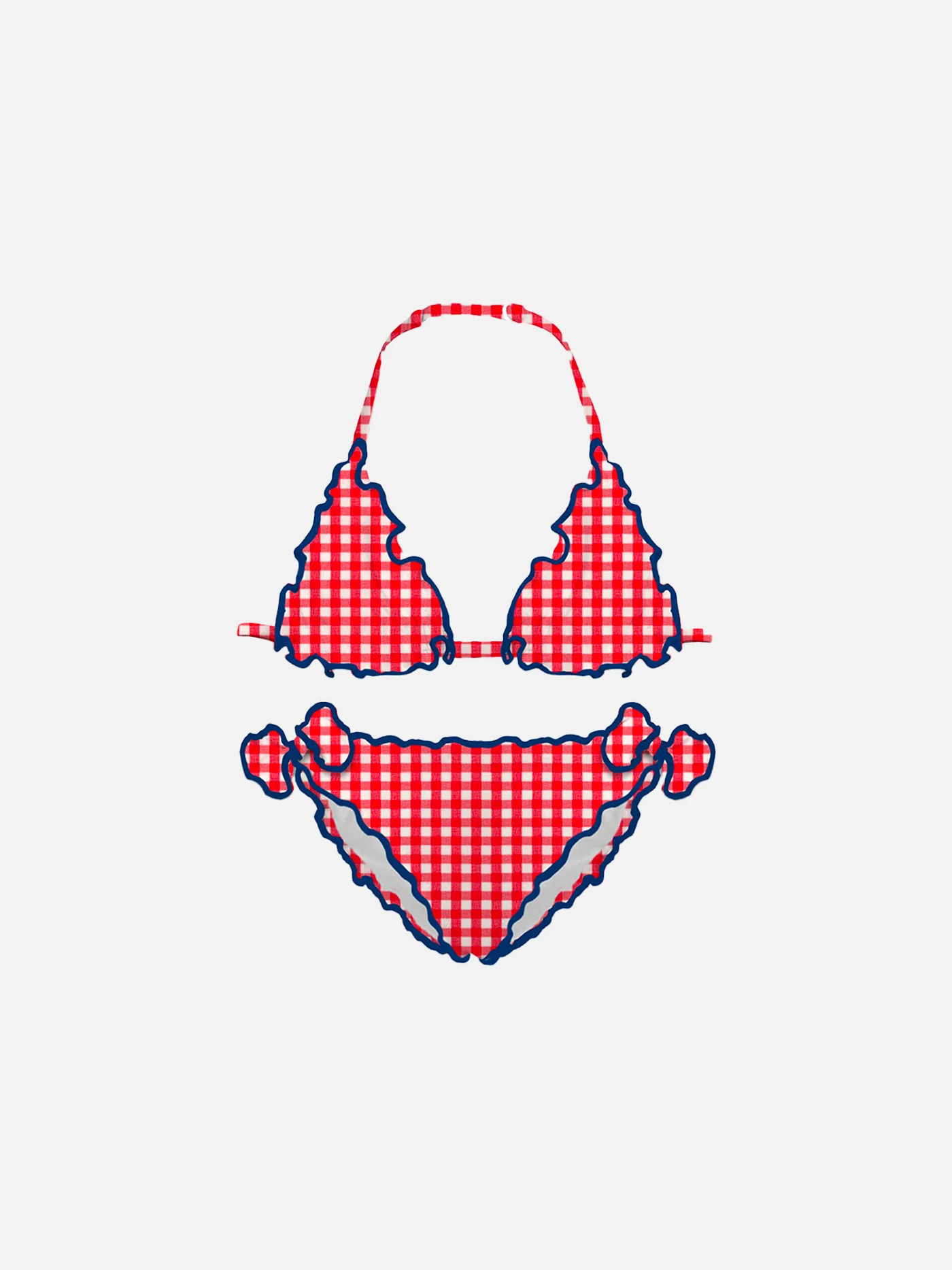 Triangelbikini voor meisjes met rode ruitjesprint.