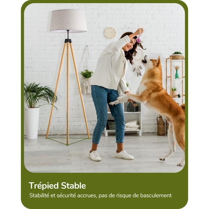 Lámpara de pie trípode de madera EDISHINE, con mando a distancia y pedal, bombilla regulable E27 incluida, 3000K - 6000K, pantalla de lino.