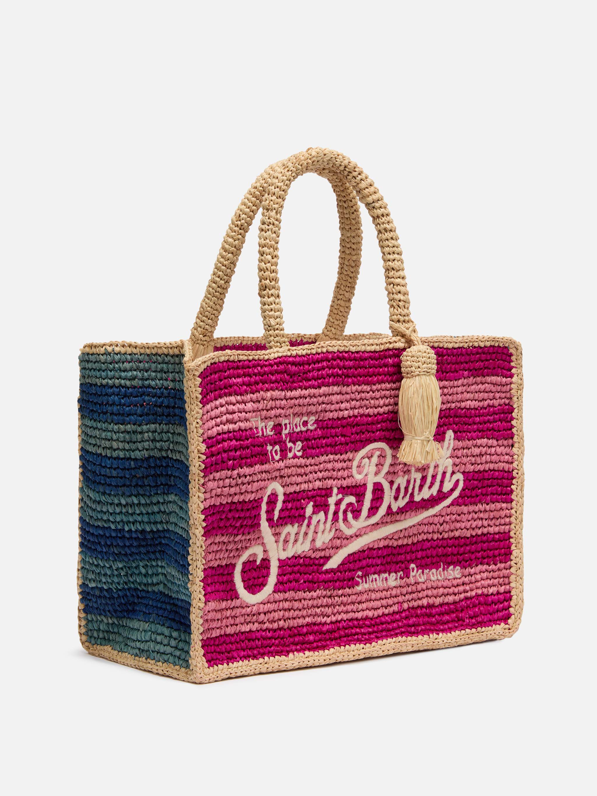 Colette-tas van veelkleurig gestreept raffia met geborduurd logo.