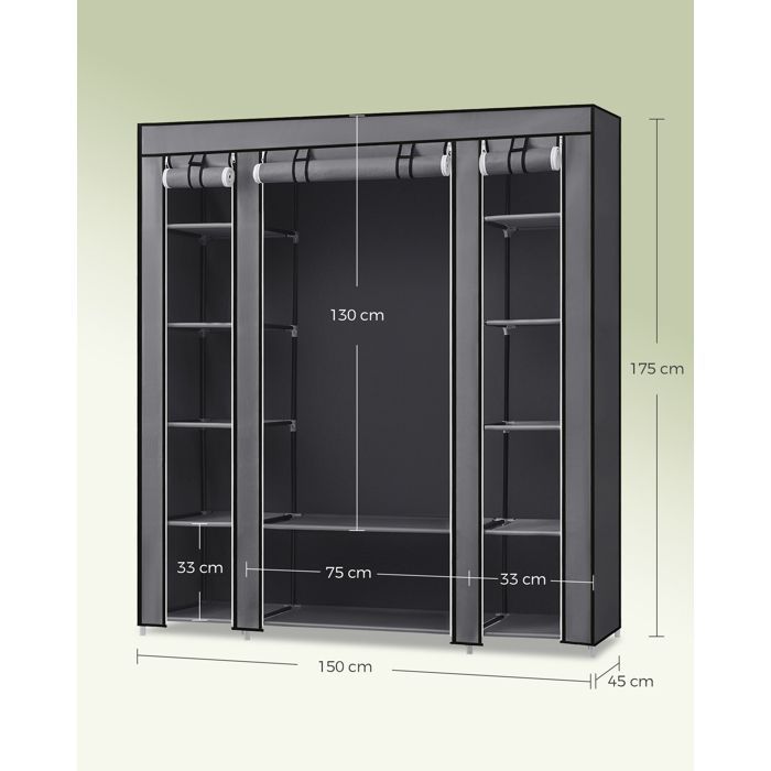 SONGMICS Armoire de rangement XXL, Penderie dressing en Tissu non-tissé, 150 x 45 x 175 cm, Gris LSF03G