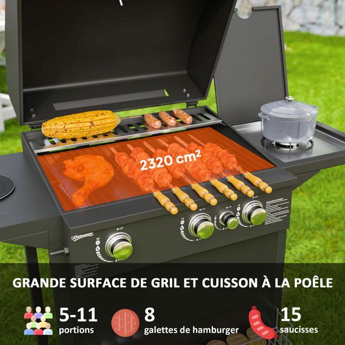 Gas barbecue - Outsunny - 3+1 burners - 9.5 kW power - with 2 cooking grates, side shelves, 2 wheels - steel - black