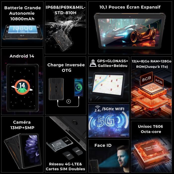 Tablet robusto - HOTWAV - Tab R8 - 10,1 polegadas - Bateria de 10800mAh - Android 14 - 4G LTE