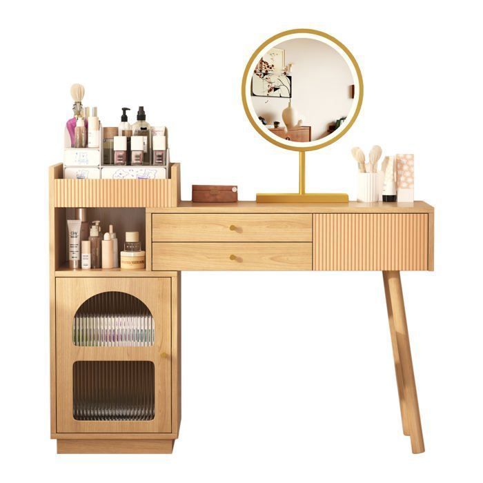 MEUBLES COSY Coiffeuse moderne avec miroir LED à 3 lumières, grand espace de rangement et armoire latérale en verre, 120x40x90 cm