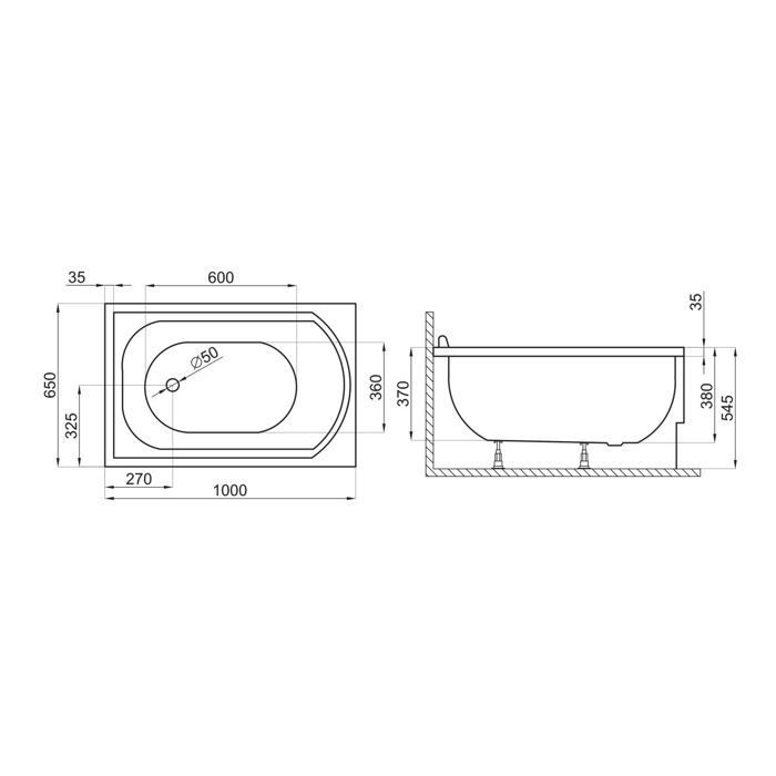 Rectangular bathtub 100x65 with acrylic apron, bath drain and feet