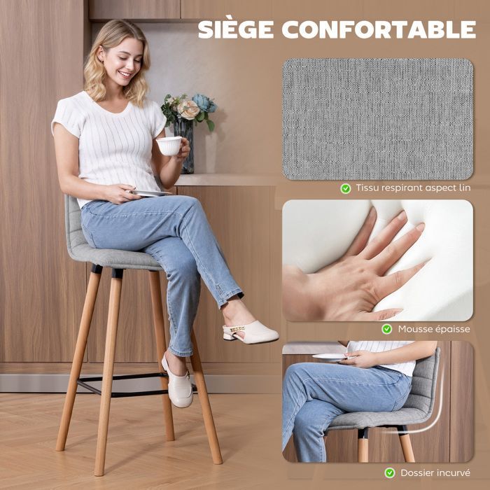 Juego de 2 taburetes de bar - HOMCOM - asiento, respaldo y reposapiés acolchados - tejido con aspecto de lino - 48 x 48 x 99,5 cm - gris