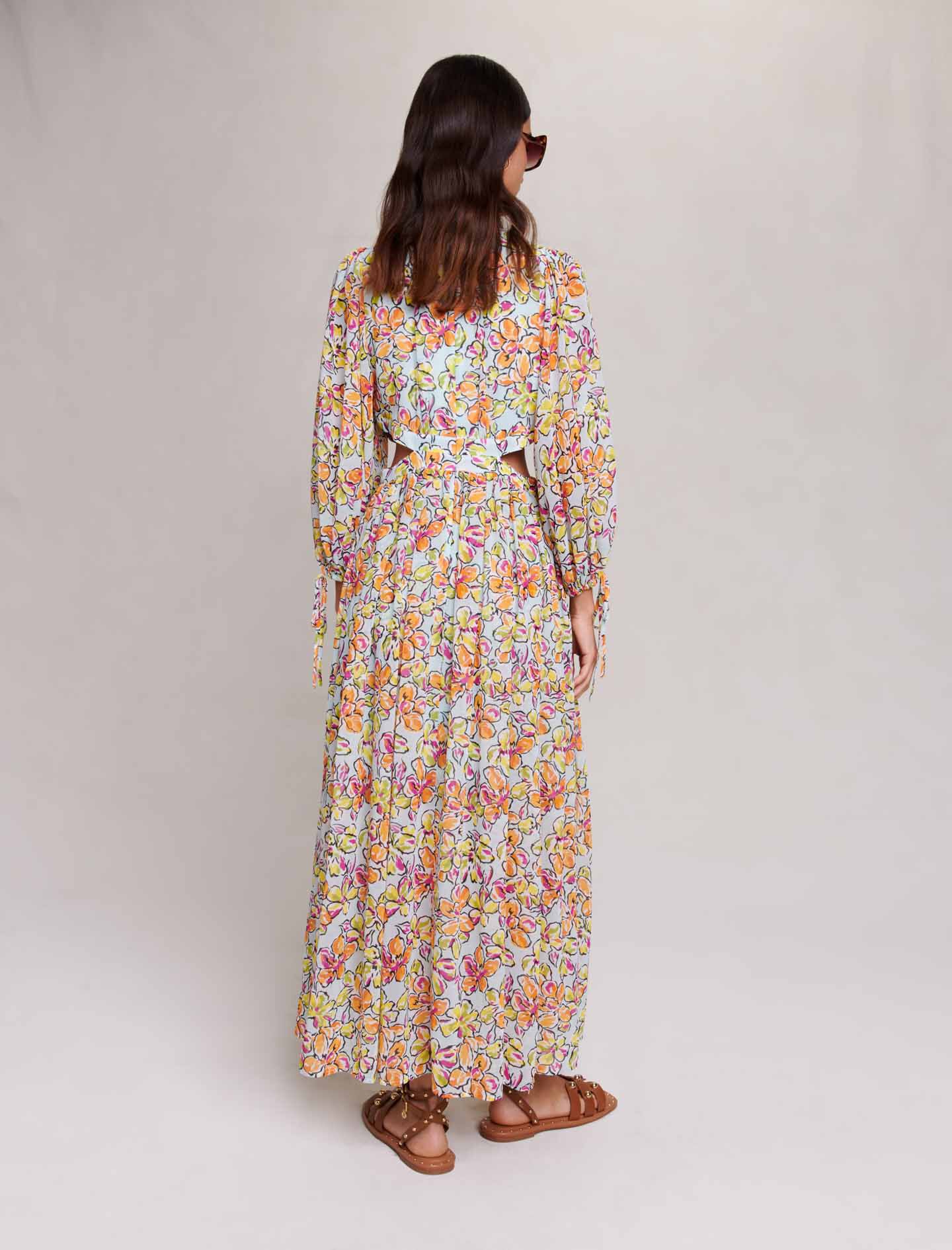 Rochie lungă plisată cu imprimeu - Hibiscus portocaliu / albastru