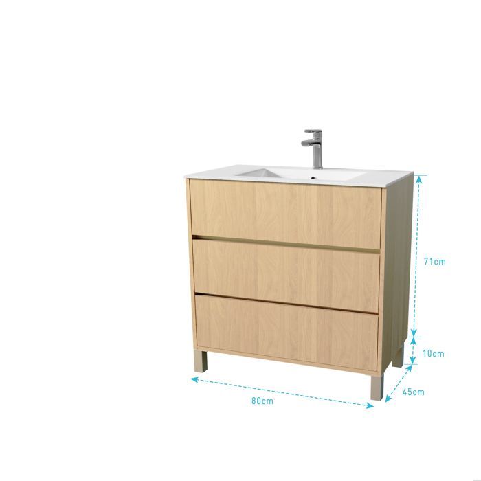 Mueble de baño XENOS de 80 cm en roble claro con 3 cajones y lavabo de cerámica.