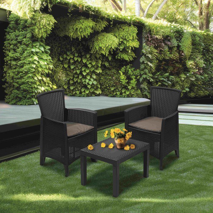 Gartenmöbelset – Polypropylen – IPAE – 2 Personen – Waldgrün – 2 Sessel mit Sitzkissen + 1 Couchtisch – Anthrazit